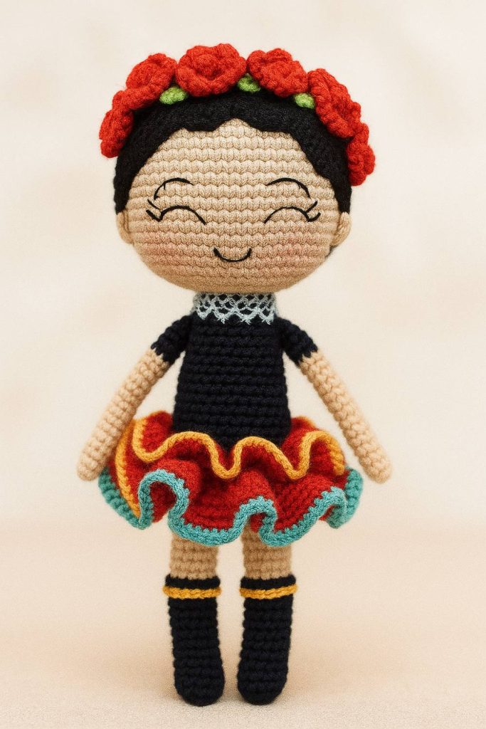 Crochet Doll in Colorful Ruffled Skirt and Flower Crown