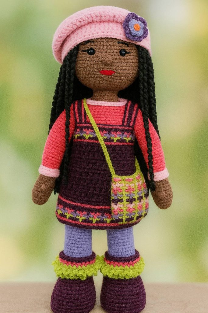 Flower Purse Crochet Girl Doll in Pink and Purple Outfit