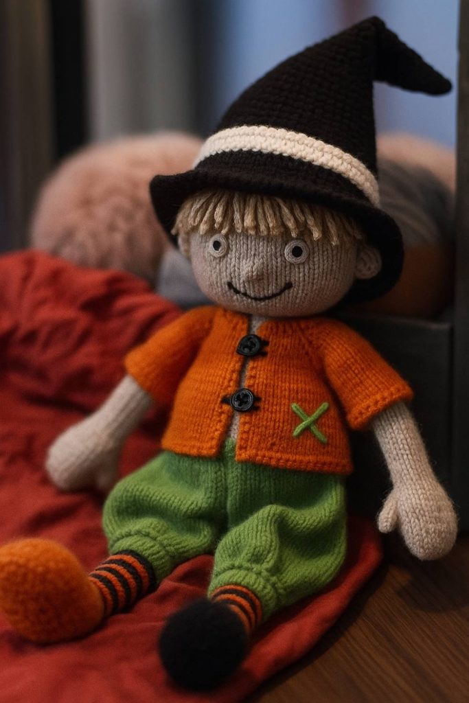 Knitted Wizard Doll in Orange Jacket and Pointy Hat