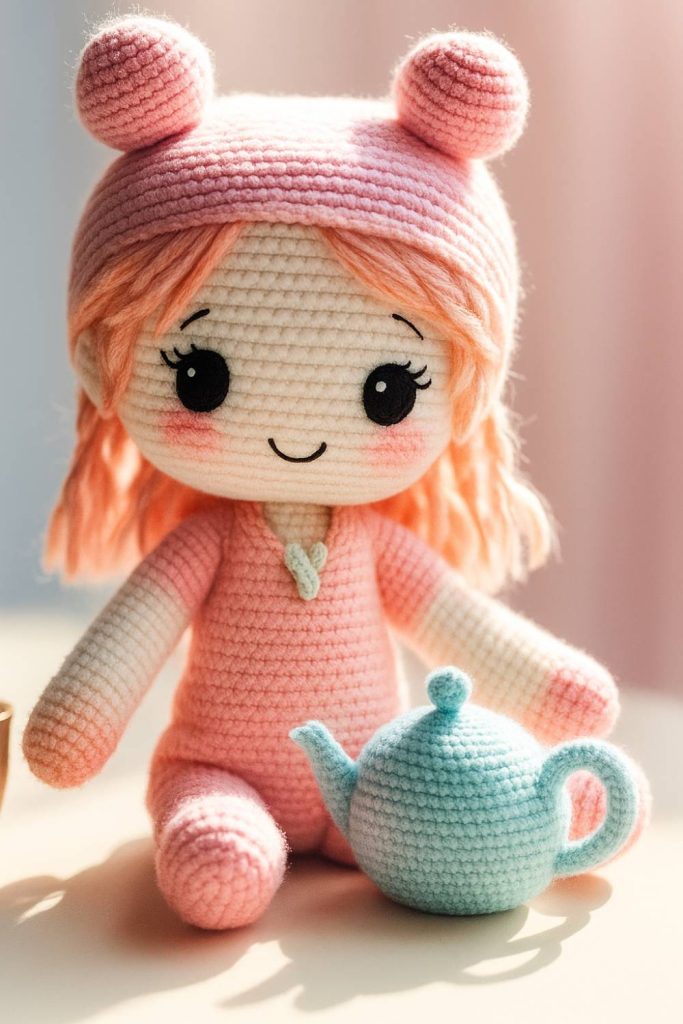 Pink Pajama Crochet Doll with Teapot and Bear Hood