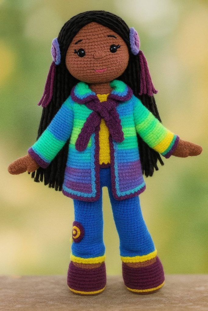 Rainbow Jacket Crochet Girl Doll with Earmuffs and Boots