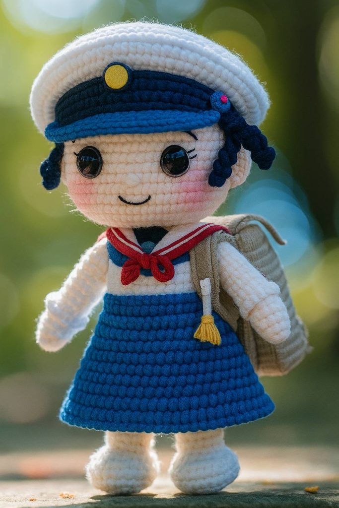 Sailor Girl Crochet Doll with Backpack and Braids