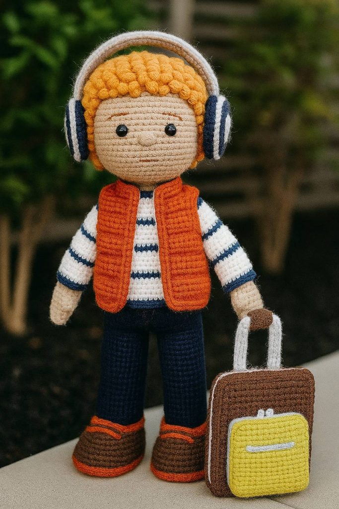 Travel Ready Crochet Boy Doll with Suitcase and Headphones